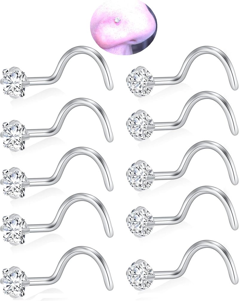 XoCiuKe 10Pcs 20G Nose Rings Studs for Women Corkscrew Sliver Nose Studs Hypoallergenic Nose Rings 316L Surgical Stainless Steel Nose Nostril Percing Jewely for Women Men Round Square CZ Imitation Diamond 1.5mm/2.0mm/2.5mm/3.0mm - Image 1